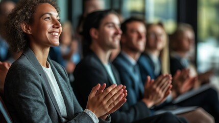 Aufkleber - Attendees applaud enthusiastically during a conference held in a bright and modern space, showcasing their engagement with the speaker and content
