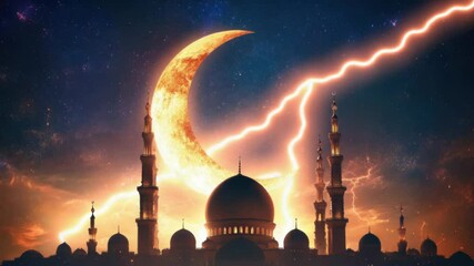 Poster - A beautiful mosque with a crescent moon shining in the night sky, ideal for use in articles about Islamic culture or astronomy-themed designs