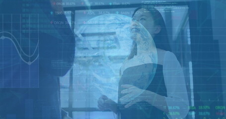 Poster - Image of data processing over diverse business people talking in office