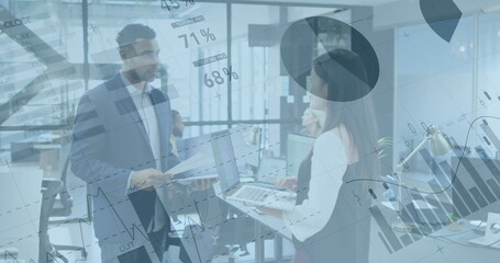Poster - Image of data processing over diverse business people talking in office