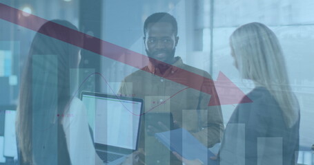 Poster - Image of data processing over diverse business people talking in office