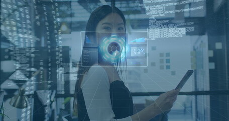 Poster - Image of data processing over asian businesswoman using tablet in office