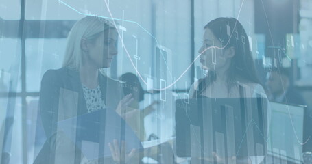 Poster - Image of data processing over diverse business people talking in office