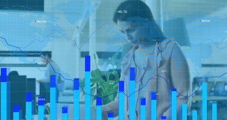 Poster - Image of data processing over diverse business people working in office