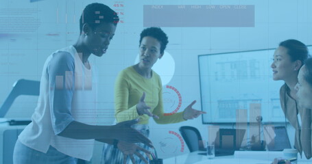 Poster - Image of data processing over diverse business people talking in office