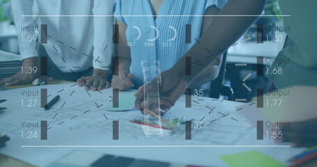 Poster - Image of data processing over diverse business people with documents in office