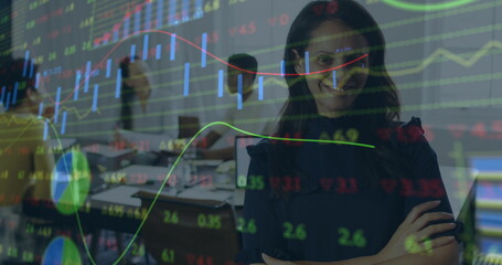Poster - Image of data processing over diverse business people talking in office