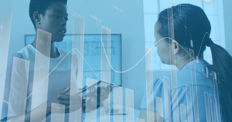 Poster - Image of data processing over diverse business people talking in office