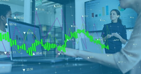 Poster - Image of data processing over diverse business people talking in office