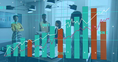 Poster - Image of data processing over diverse business people talking in office