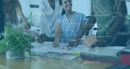 Poster - Image of data processing over diverse business people talking in office