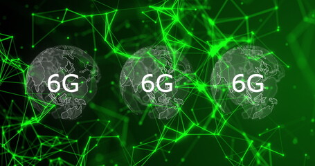 Poster - Image of rotating globes, connections and 6g on green background