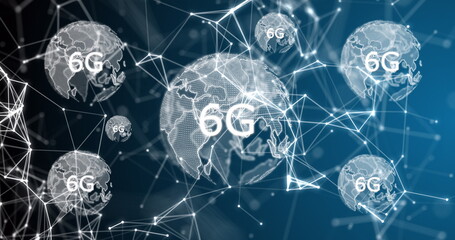 Poster - Image of rotating globes, connections and 6g on navy background