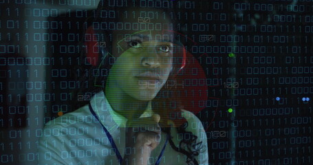 Poster - Image of data processing over african american female server room worker using headphones