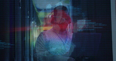 Poster - Image of finger print over african american male server room worker headphones
