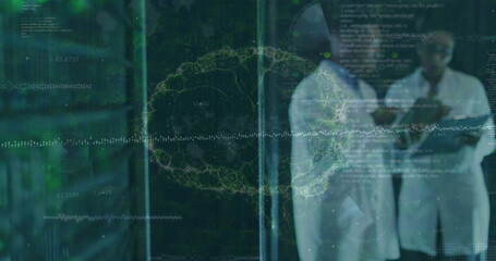 Poster - Image of data processing snd brain over african american couple server room workers