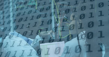 Poster - Image of data processing over african american couple server room workers