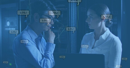 Poster - Image of lol texts falling over diverse couple of server room workers