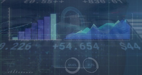 Poster - Image of data processing and security padlock over blue background
