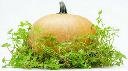 Aufkleber - A pumpkin sits atop a pile of green plants, waiting for the season to begin