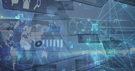 Poster - Image of data processing and network of connections over blue background