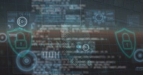 Poster - Image of data processing and fingerprint over blue background