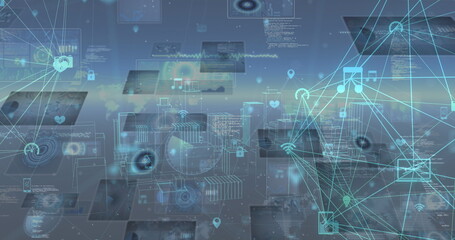 Poster - Image of network of connections with icons over data processing and cityscape