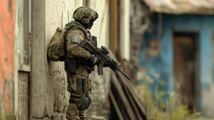 Poster - A soldier stands in front of a building, holding a gun