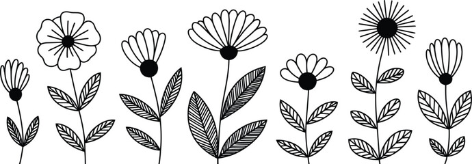 Poster - a simple black and white line drawing of several flowers with different petal shapes and leaf patter