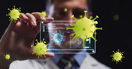 Poster - Image of falling covid 19 cells over man using tablet