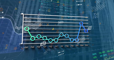 Poster - Displaying 3D line graph plotting Jan–Dec in financial dashboard with skyline, hex mesh and tickers