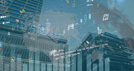 Poster - Image of graphs, data processing, icons over office buildings