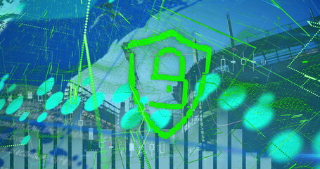 Poster - Image of graphs and digital padlock with green lines over construction site