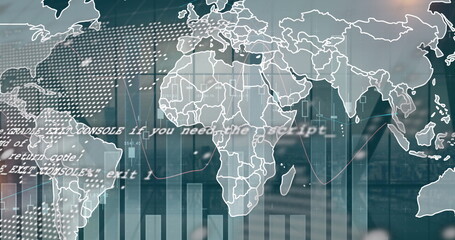 Poster - Displaying digital world map visualization on office glass panel, with charts and code overlays