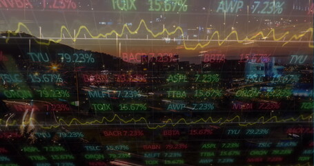 Poster - Image of financial graphs and data over timelapse with road traffic at sunset