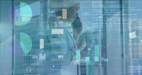 Poster - Image of data processing over businesswoman using smartphone