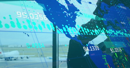 Poster - Image of world map and data processing over businessman using smartphone at airport
