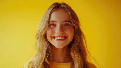 Aufkleber - A person with long blonde hair smiling directly into the camera lens, a simple and approachable expression
