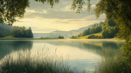 Aufkleber - A serene lake scene with lush trees and calm waters