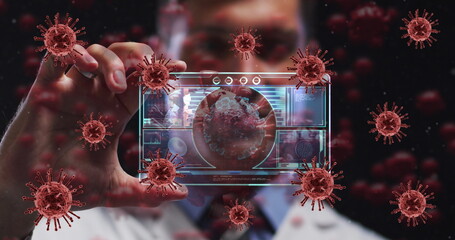 Poster - Image of red virus cells over caucasian male doctor with digital card with virus data