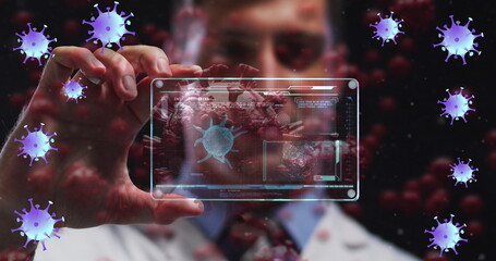 Poster - Image of purple virus cell over caucasian male lab worker with digital card with virus data