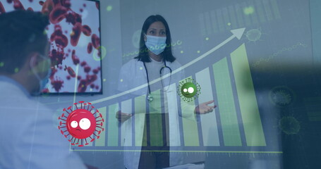 Poster - Image of red and green virus cells over female doctor in face mask and graphs