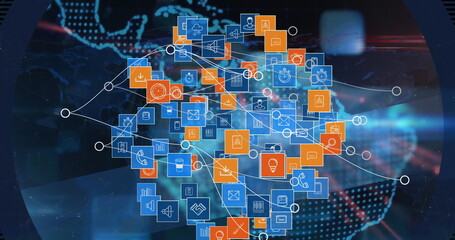 Poster - Image of globe, world map and tech icons with connections over black background