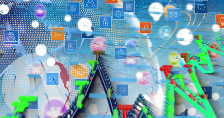  - Image of globe, graphs and tech icons over blue background