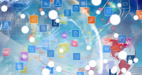 Poster - Image of globe, connections and tech icons over blue background