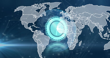 Poster - Image of globe, world map, clock and connections over navy background