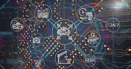 Fototapete - Image of integrated circuit and tech icons over lines on black background