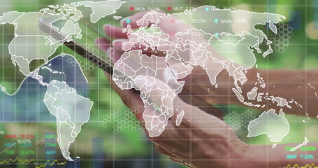Poster - Image of world map and financial data over hands of caucasian woman using smartphone