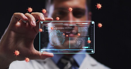 Poster - Image of orange virus cells over caucasian male lab worker with digital card with virus data