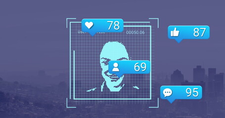Poster - Image of social media reactions and photos over cityscape